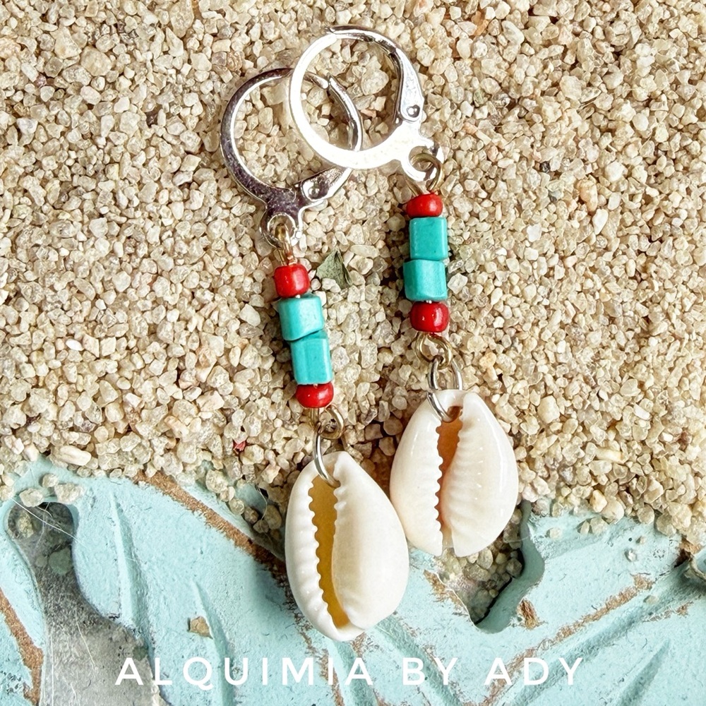 SILVER MINI HOOPS + Turquoise and Red Beaded Cowrie Shell Earrings